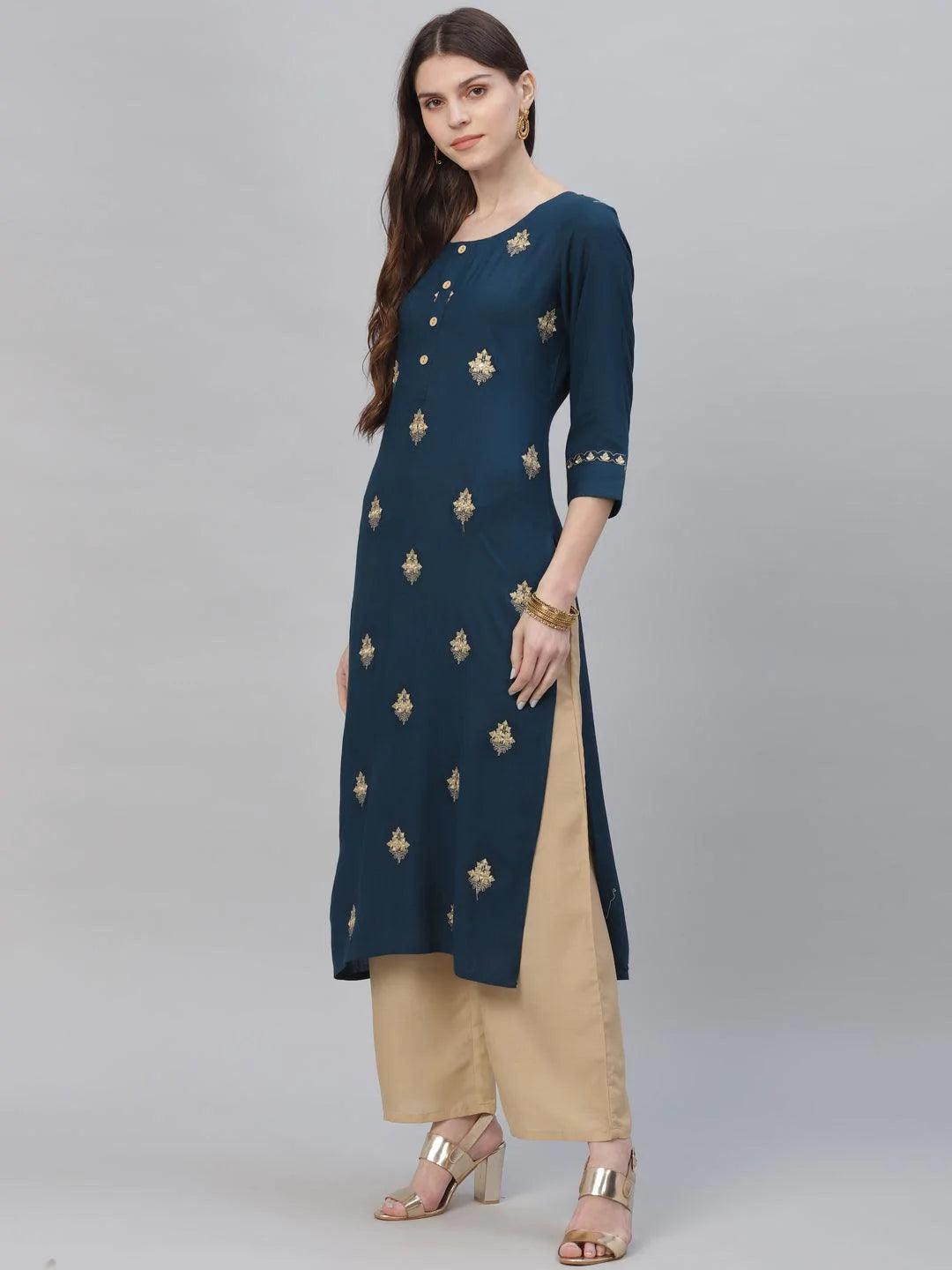 Blue Embroidered Rayon Kurta Set