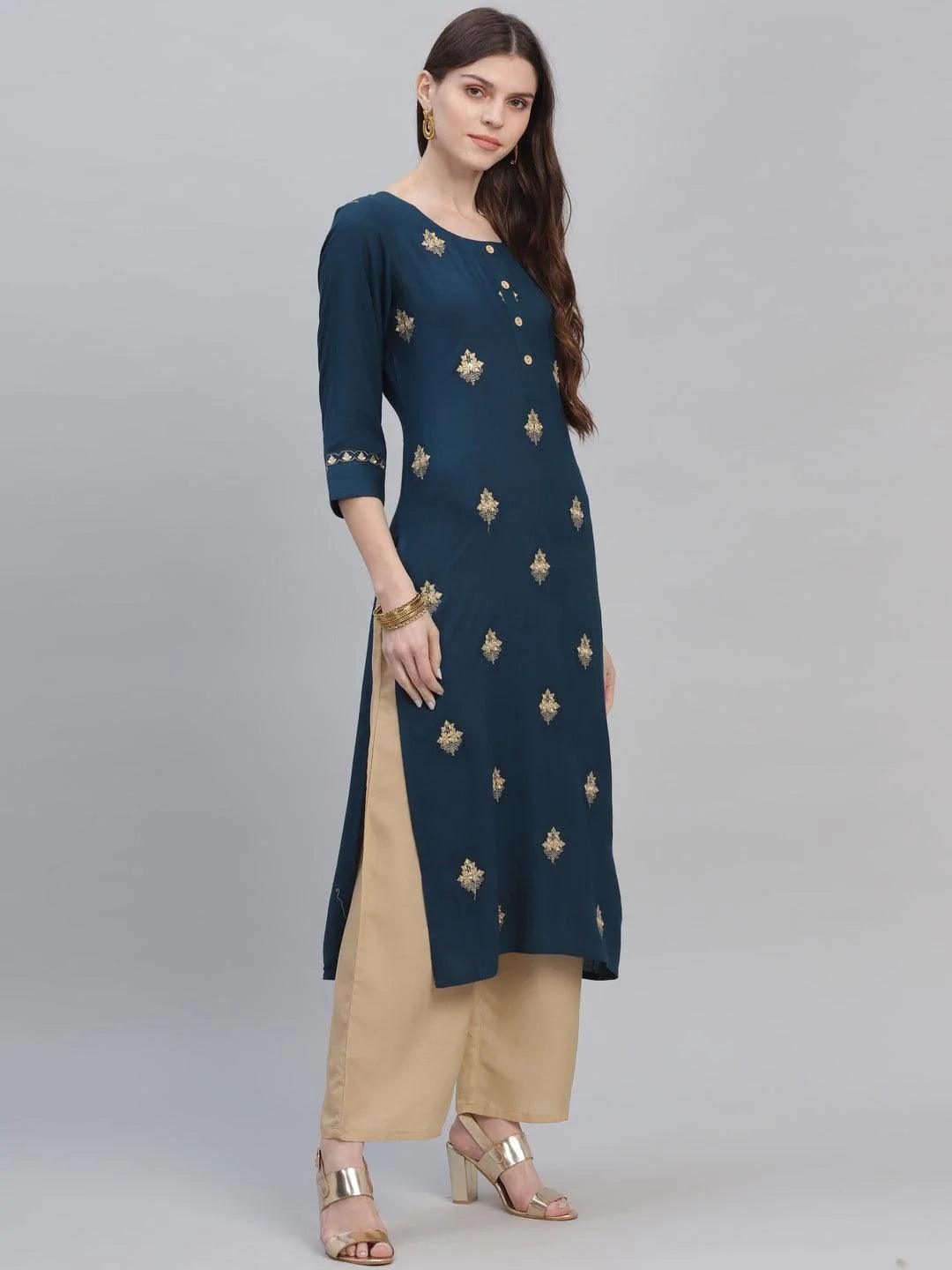 Blue Embroidered Rayon Kurta Set