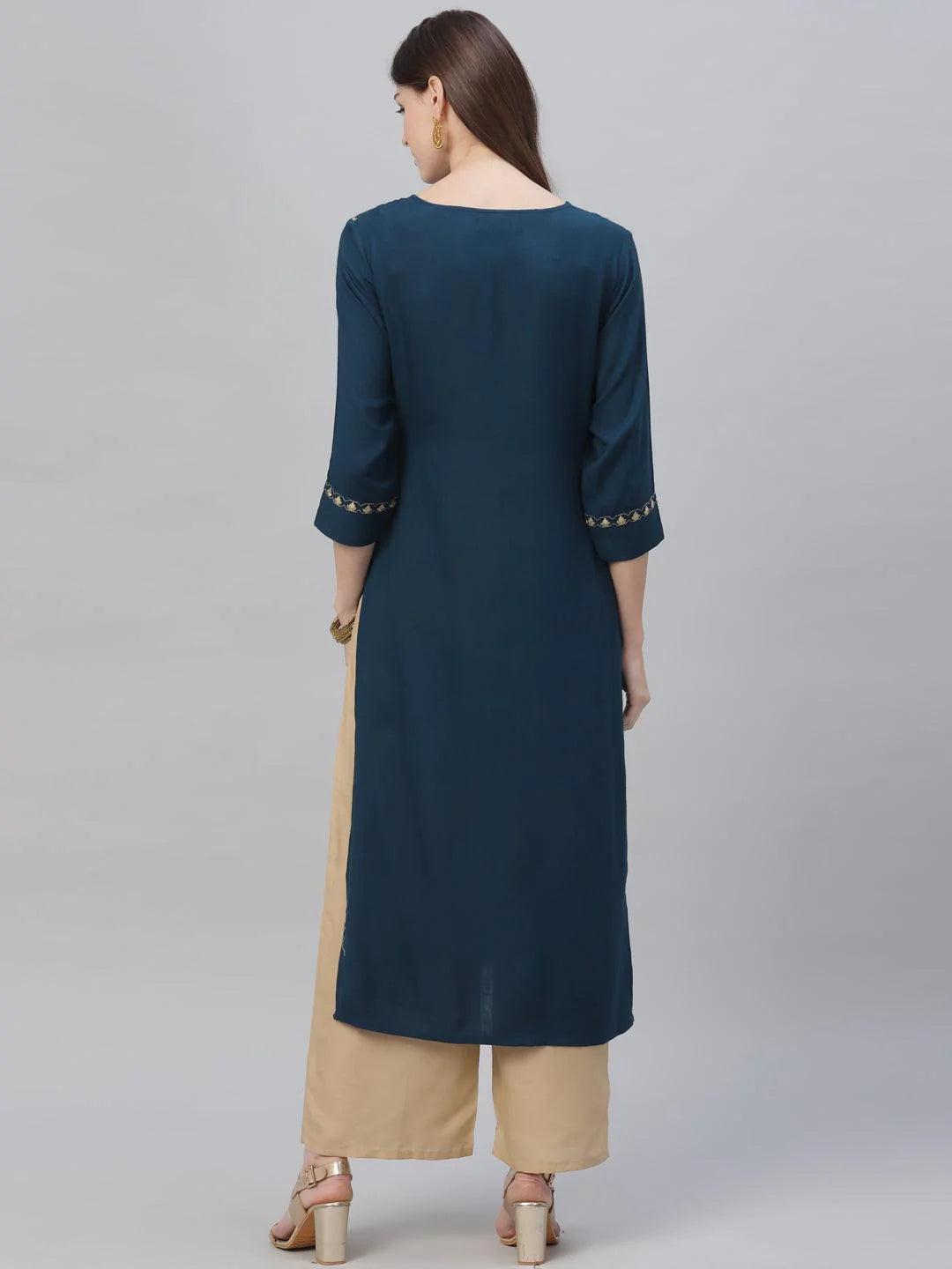 Blue Embroidered Rayon Kurta Set