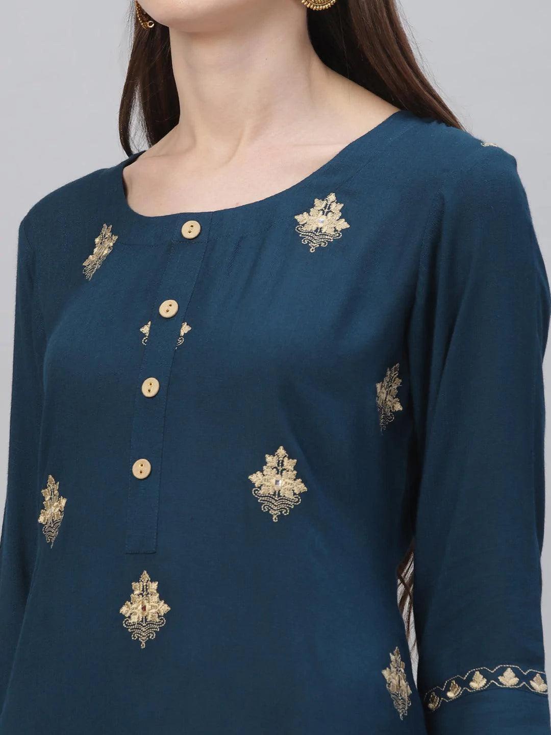 Blue Embroidered Rayon Kurta Set