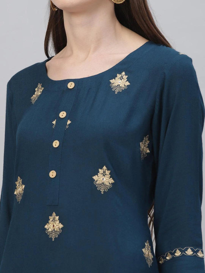 Blue Embroidered Rayon Kurta Set - ShopLibas