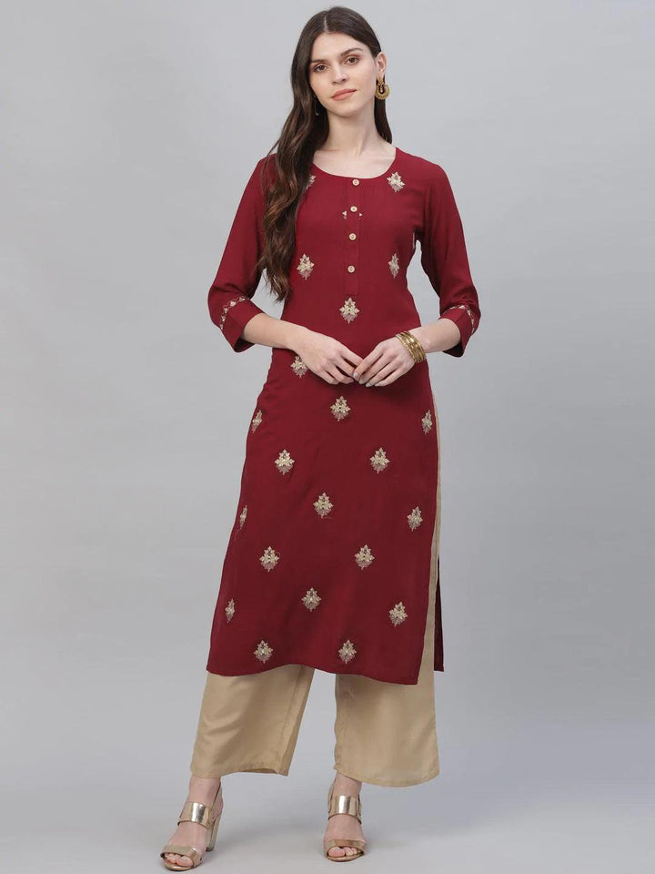 Maroon Embroidered Rayon Kurta Set - ShopLibas