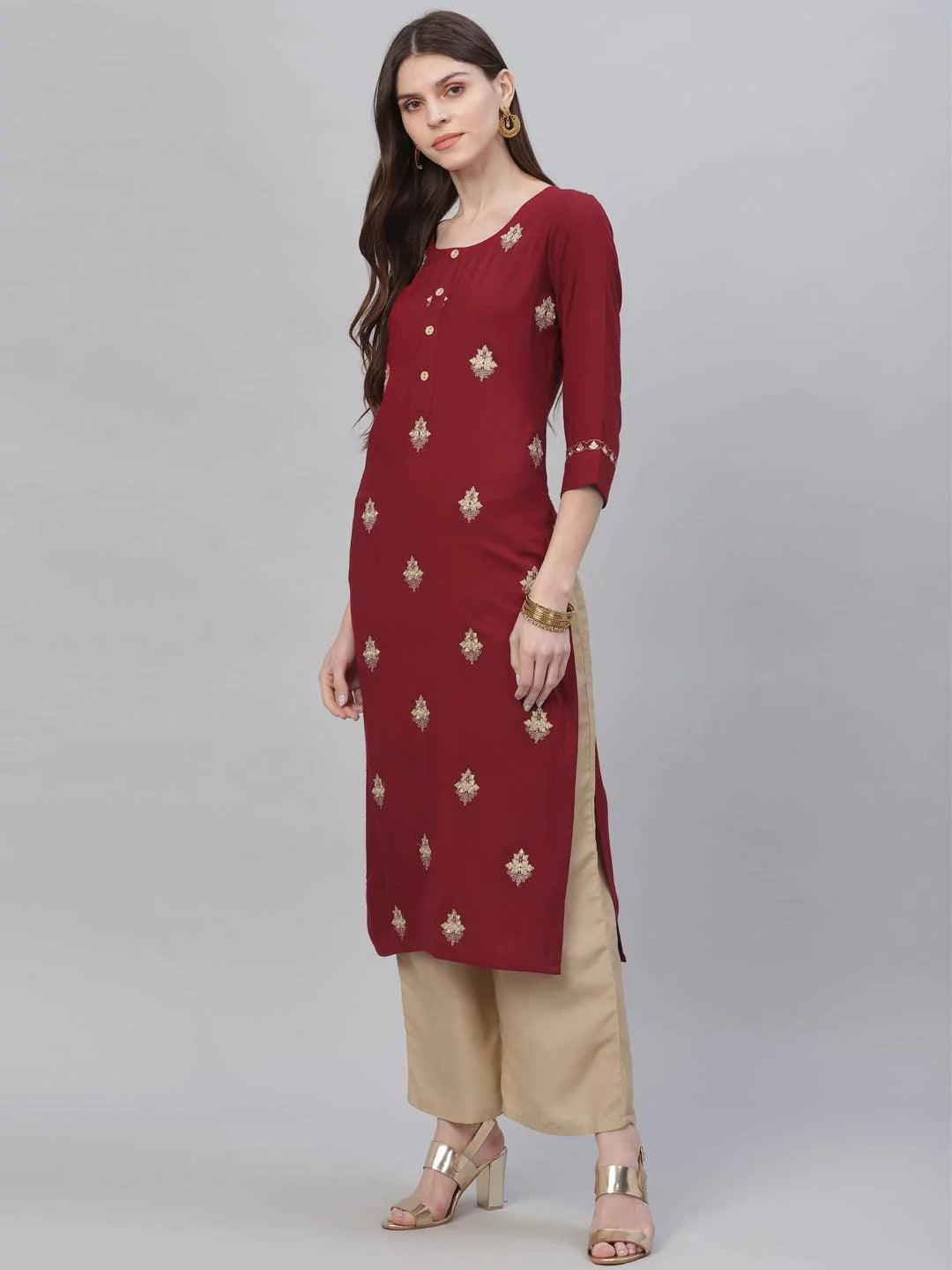 Maroon Embroidered Rayon Kurta Set