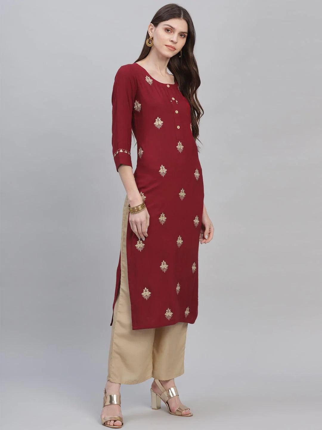 Maroon Embroidered Rayon Kurta Set - ShopLibas