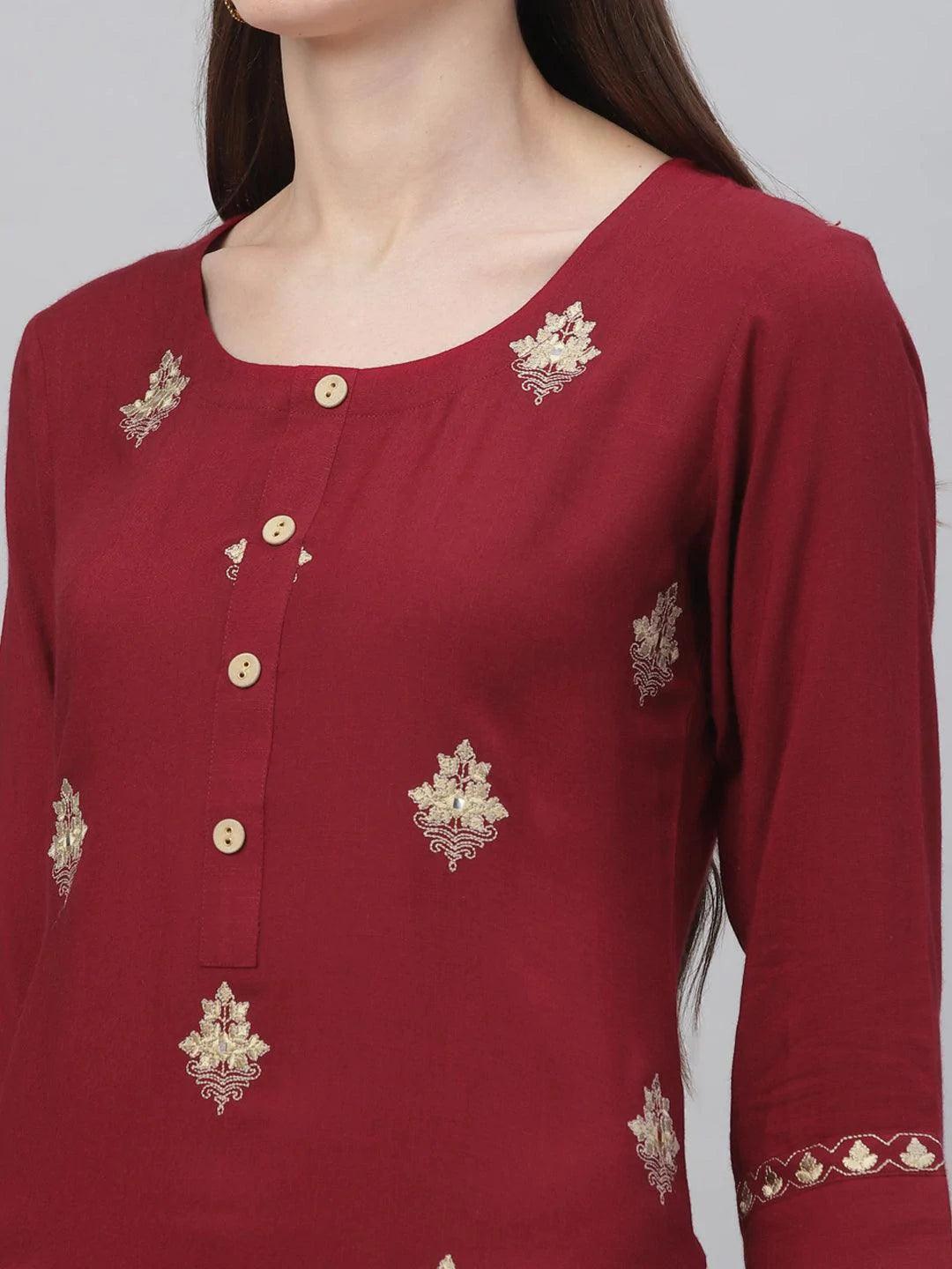 Maroon Embroidered Rayon Kurta Set - ShopLibas