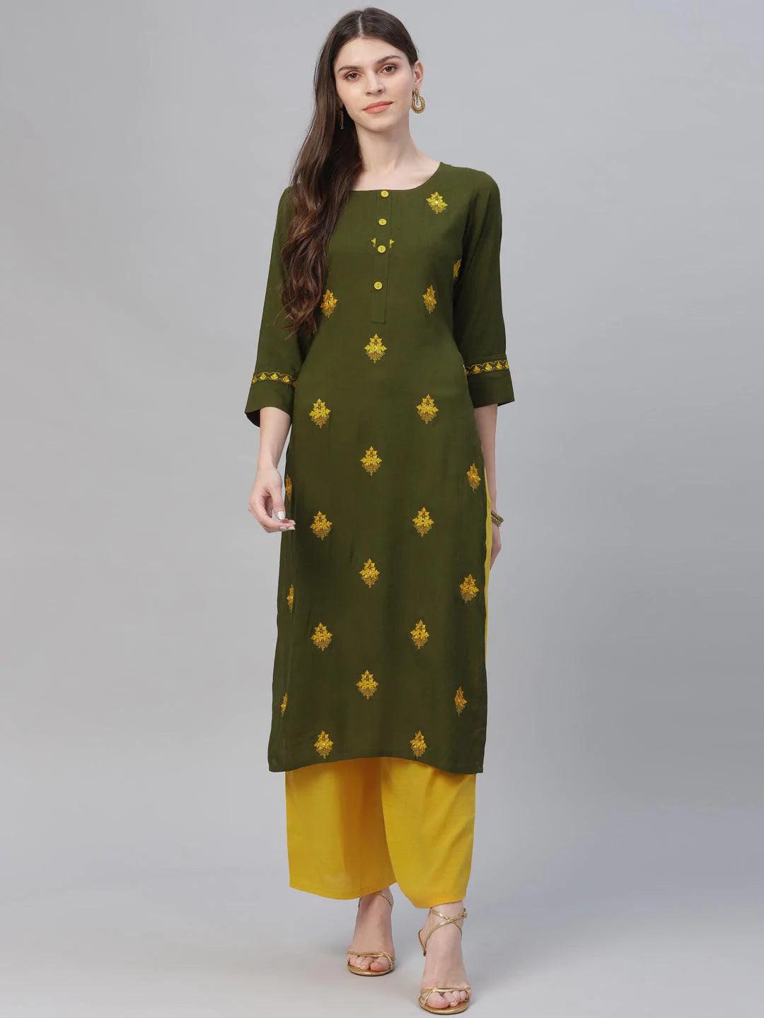 Green Embroidered Rayon Kurta Set