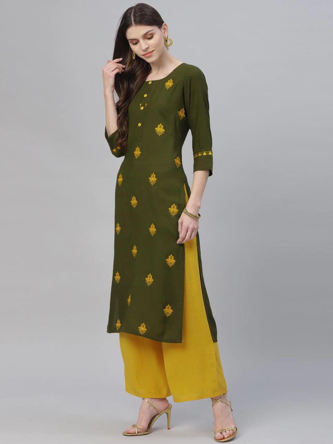 Green Embroidered Rayon Kurta Set