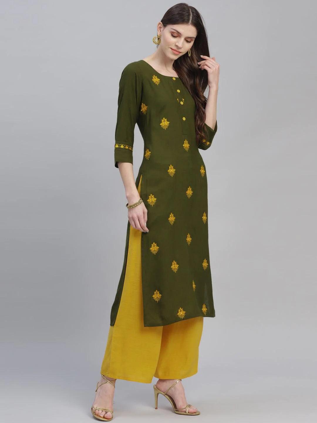 Green Embroidered Rayon Kurta Set