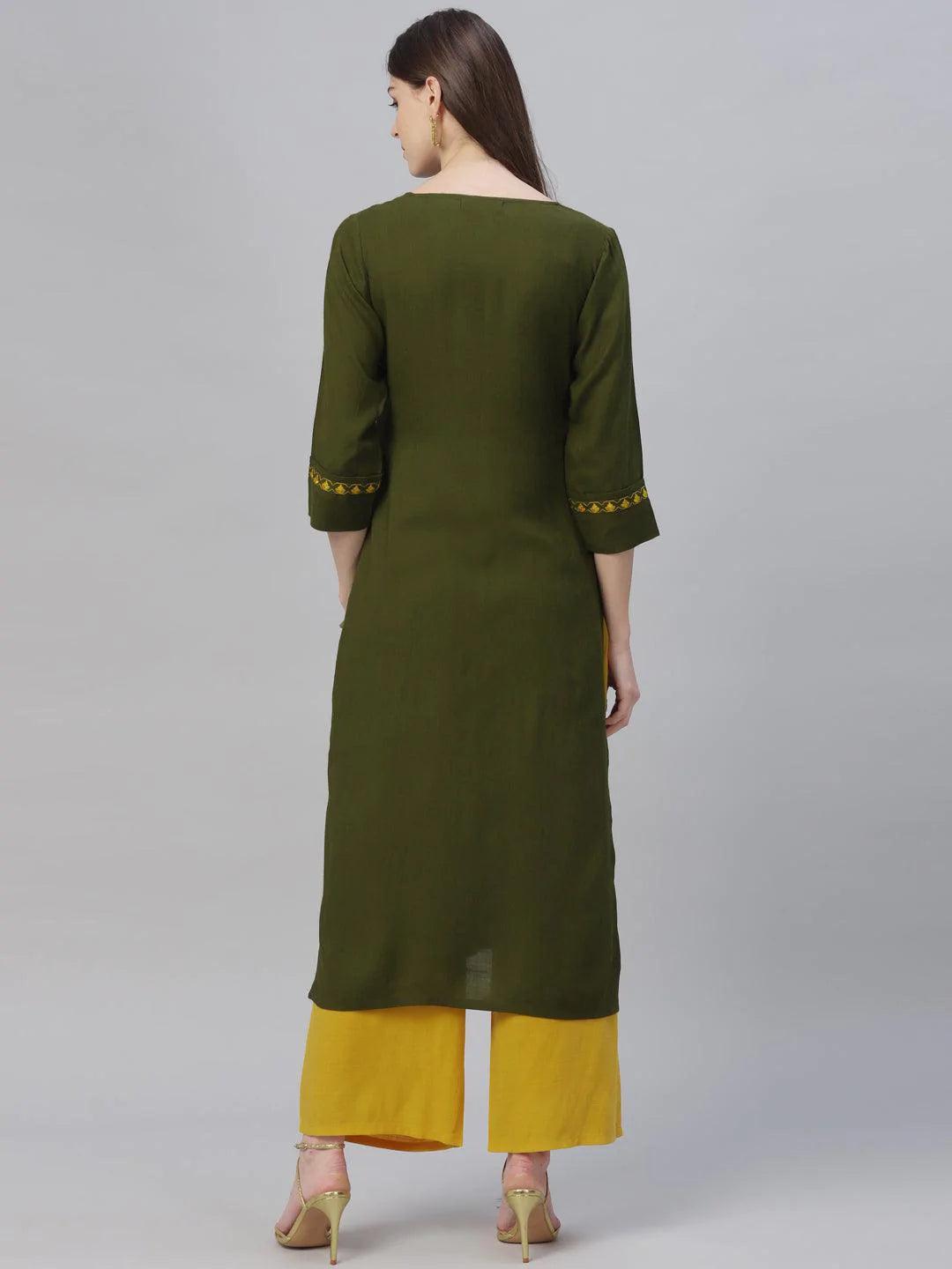 Green Embroidered Rayon Kurta Set