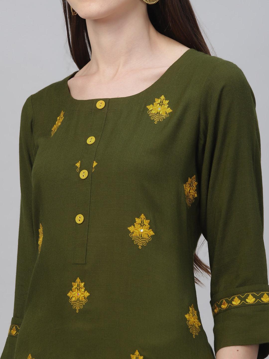 Green Embroidered Rayon Kurta Set