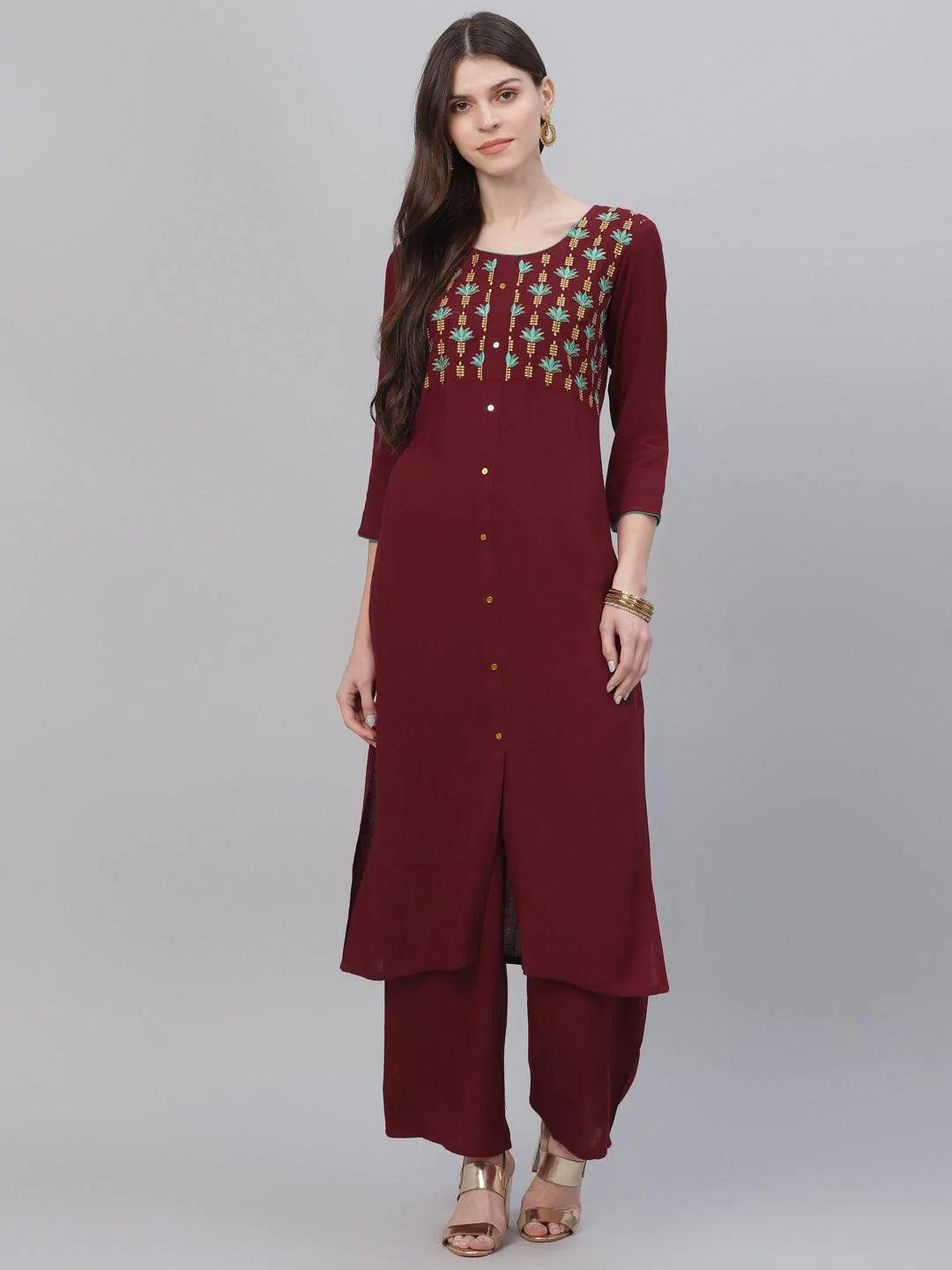 Maroon Embroidered Rayon Kurta Set