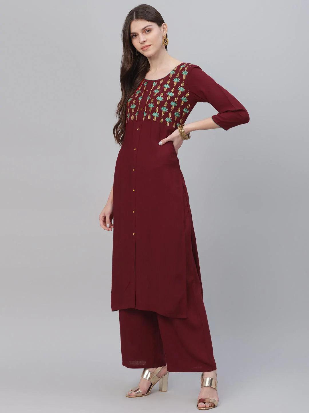 Maroon Embroidered Rayon Kurta Set