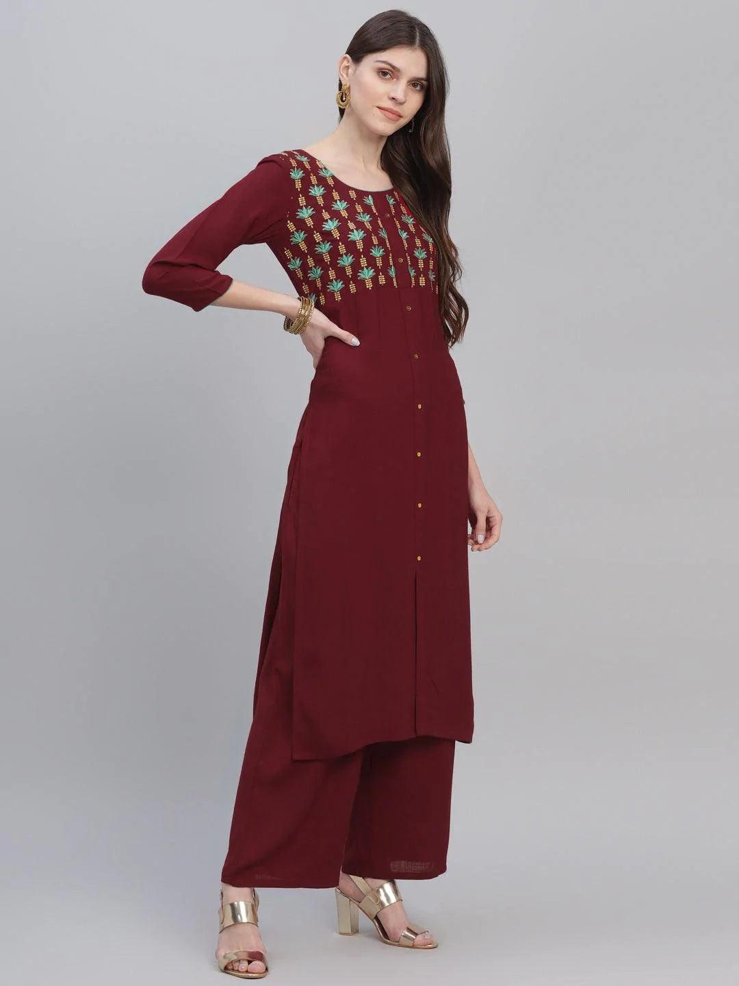 Maroon Embroidered Rayon Kurta Set