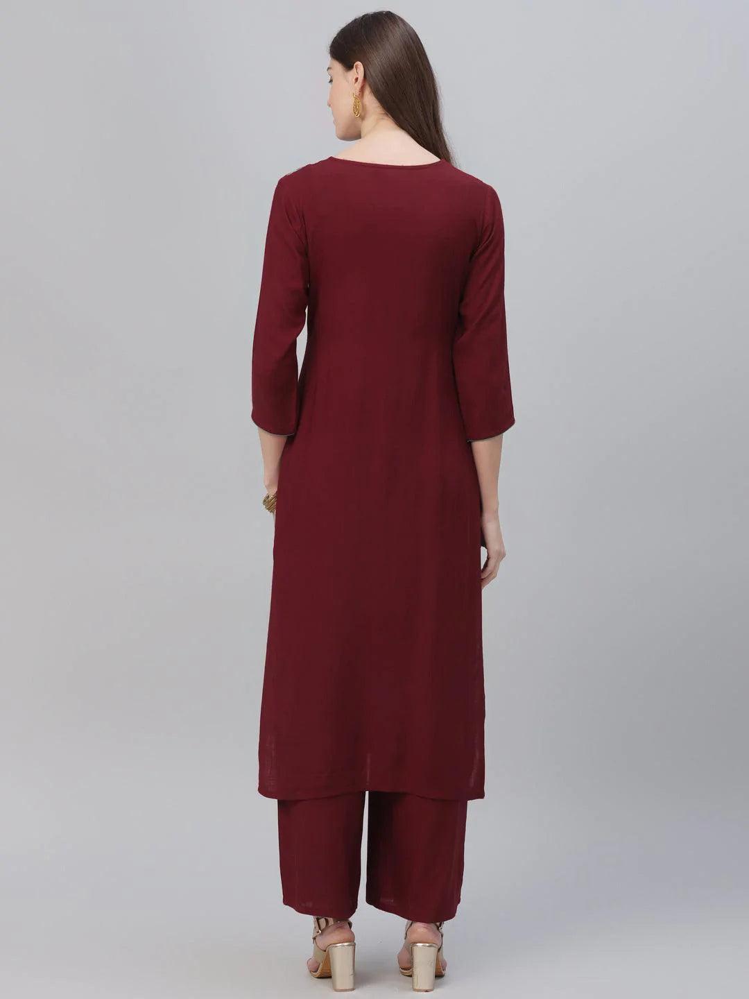 Maroon Embroidered Rayon Kurta Set