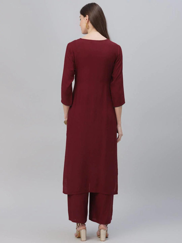 Maroon Embroidered Rayon Kurta Set - ShopLibas