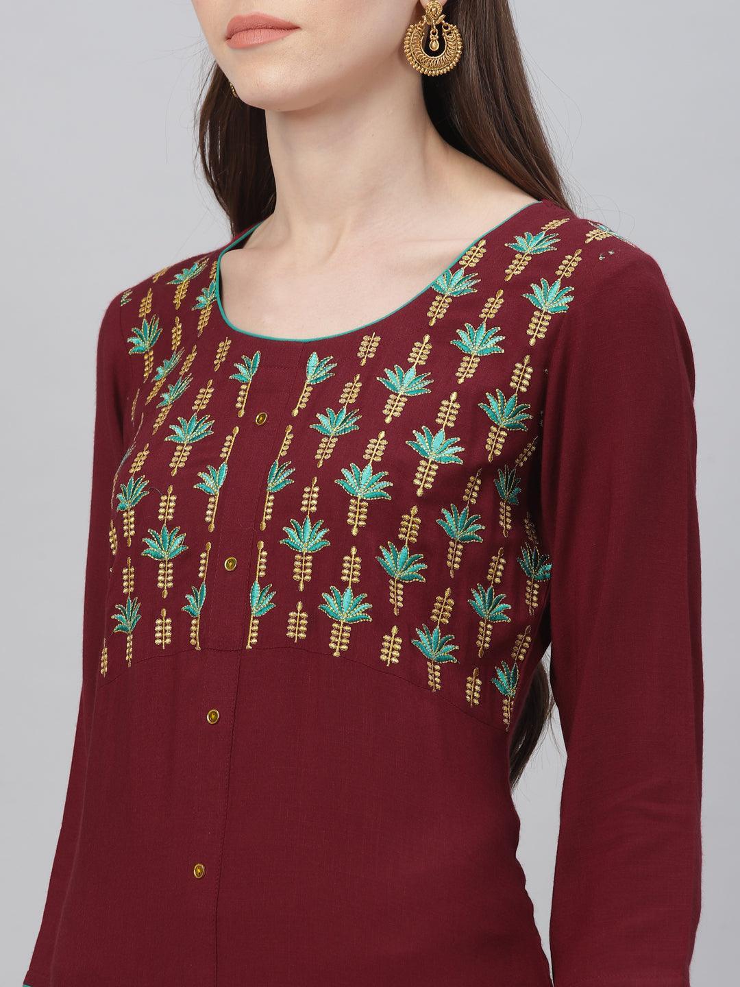 Maroon Embroidered Rayon Kurta Set