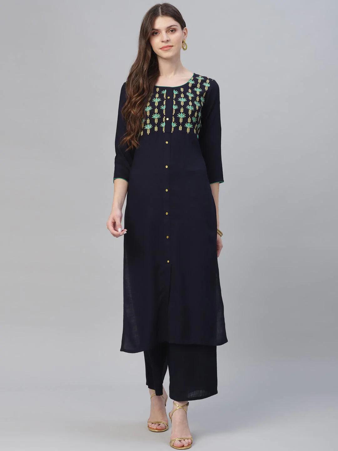 Blue Embroidered Rayon Kurta Set