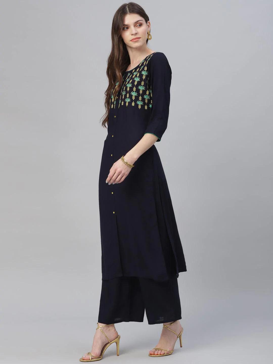 Blue Embroidered Rayon Kurta Set