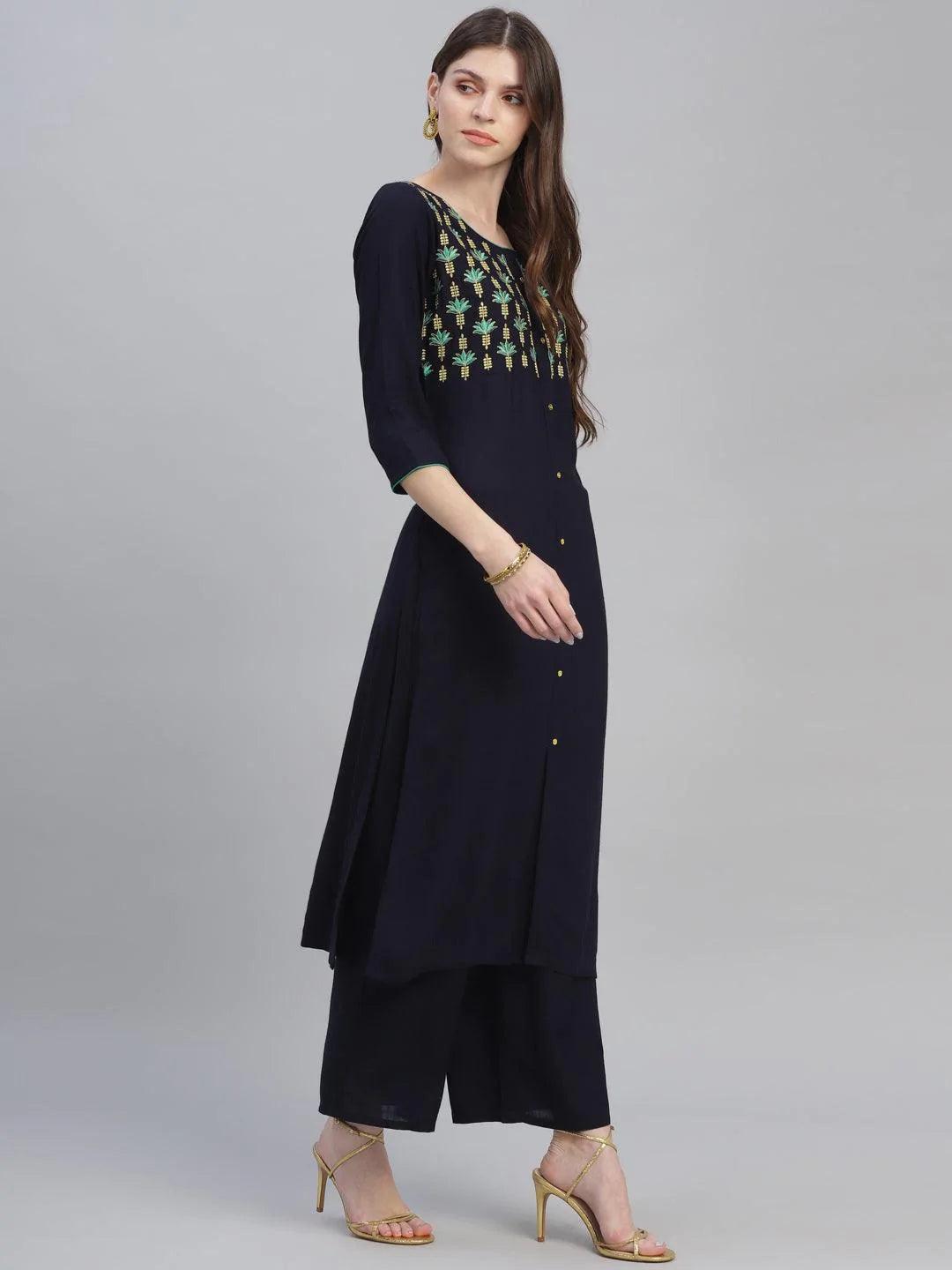 Blue Embroidered Rayon Kurta Set