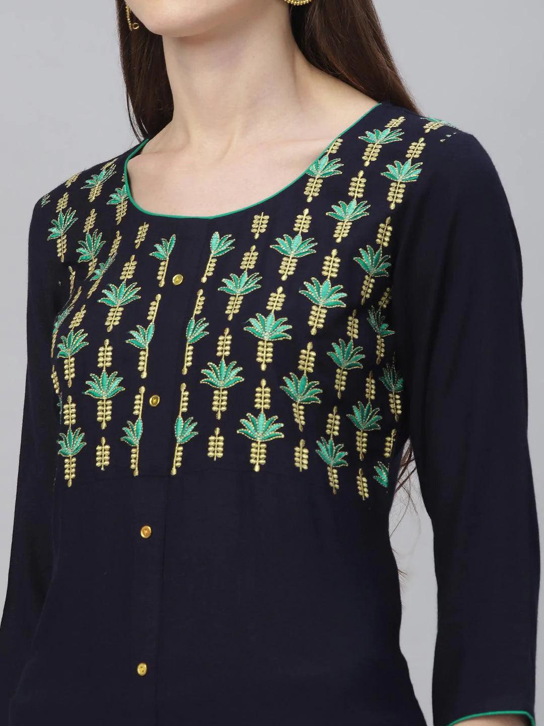 Blue Embroidered Rayon Kurta Set