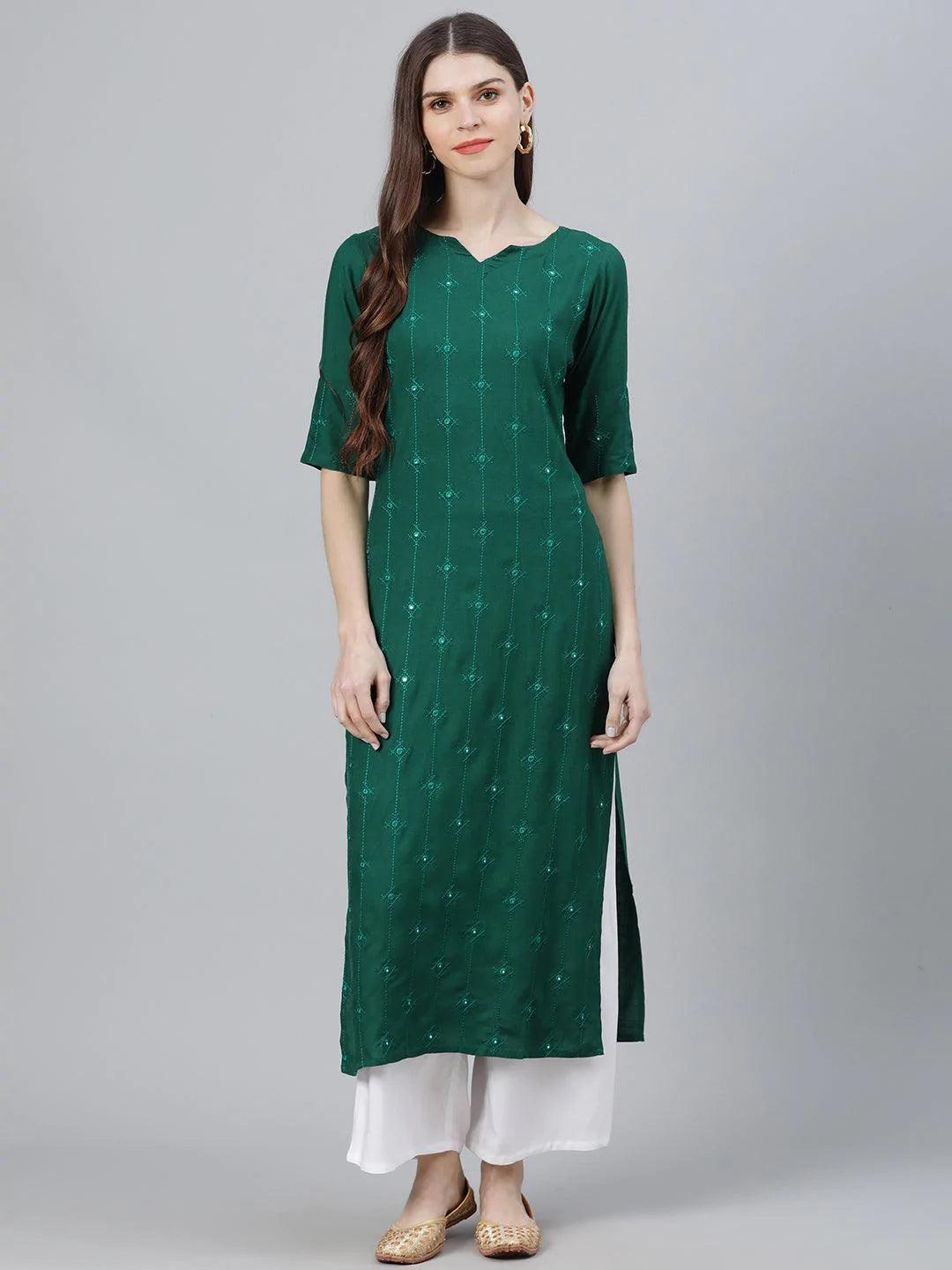 Green Embroidered Rayon Kurta Set