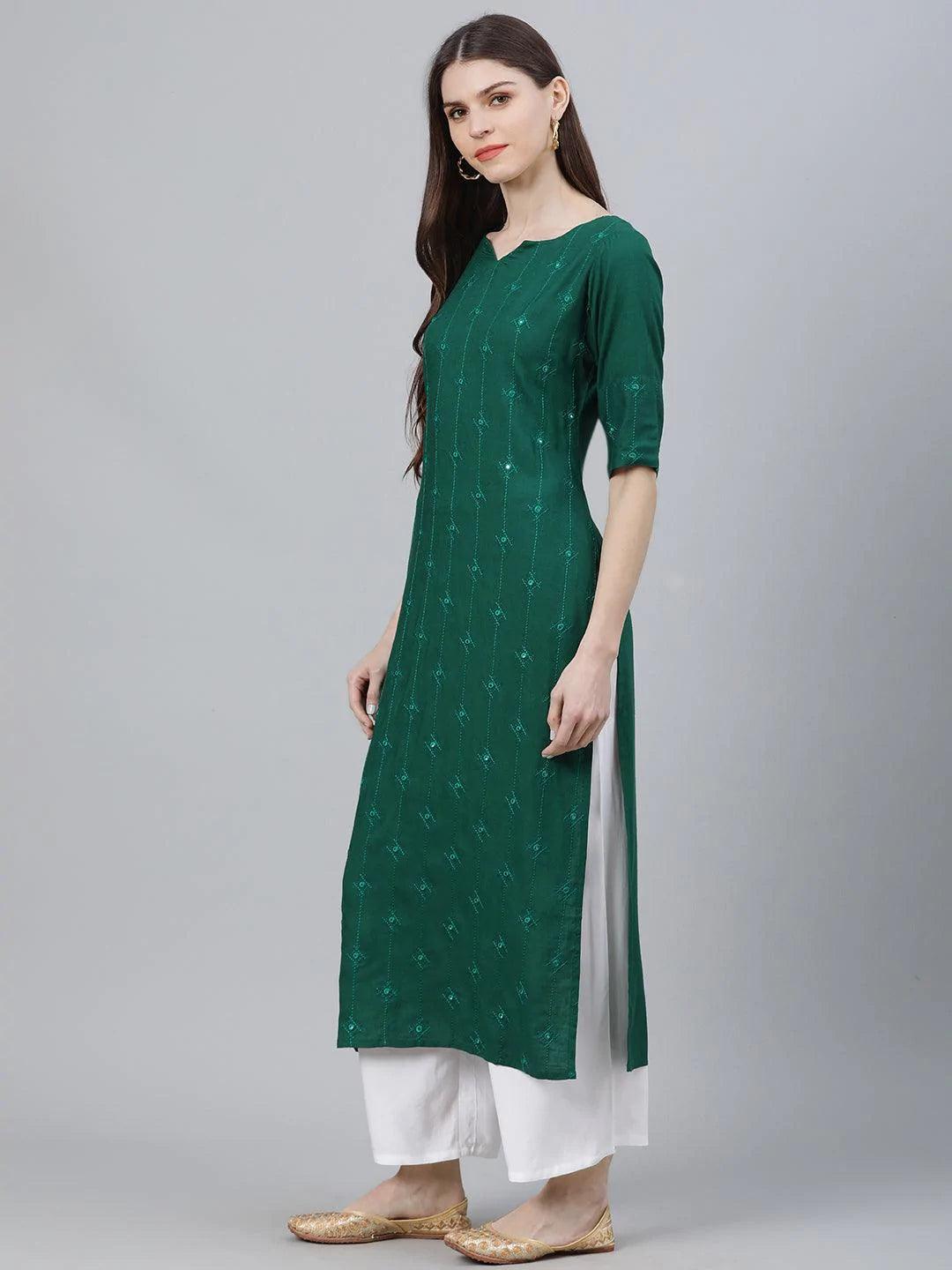 Green Embroidered Rayon Kurta Set