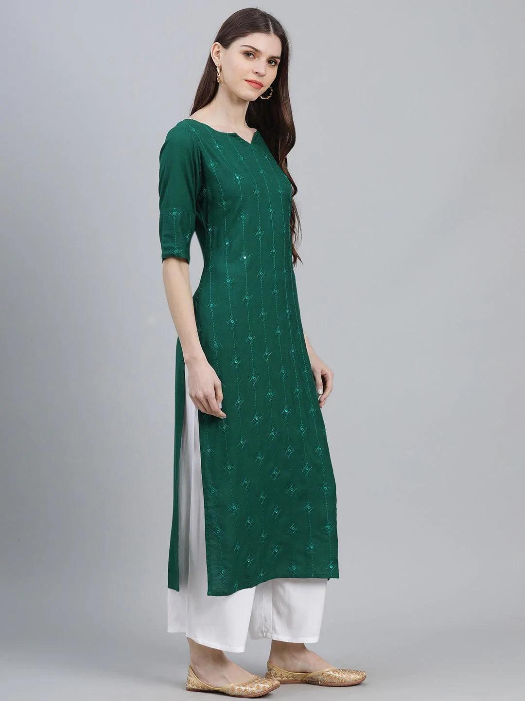 Green Embroidered Rayon Kurta Set