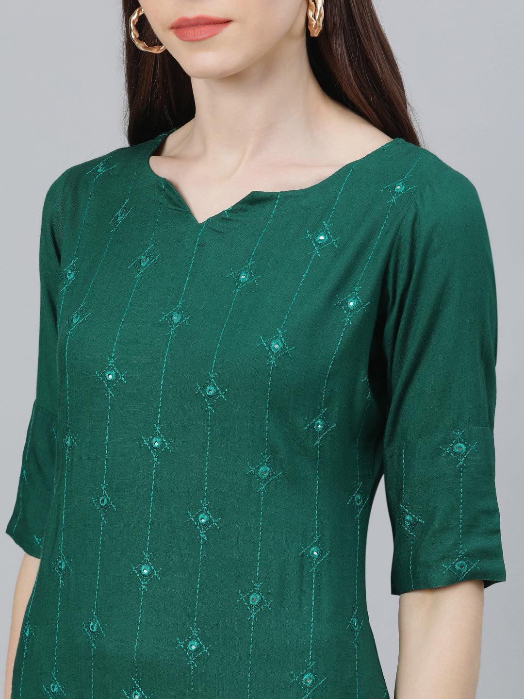 Green Embroidered Rayon Kurta Set