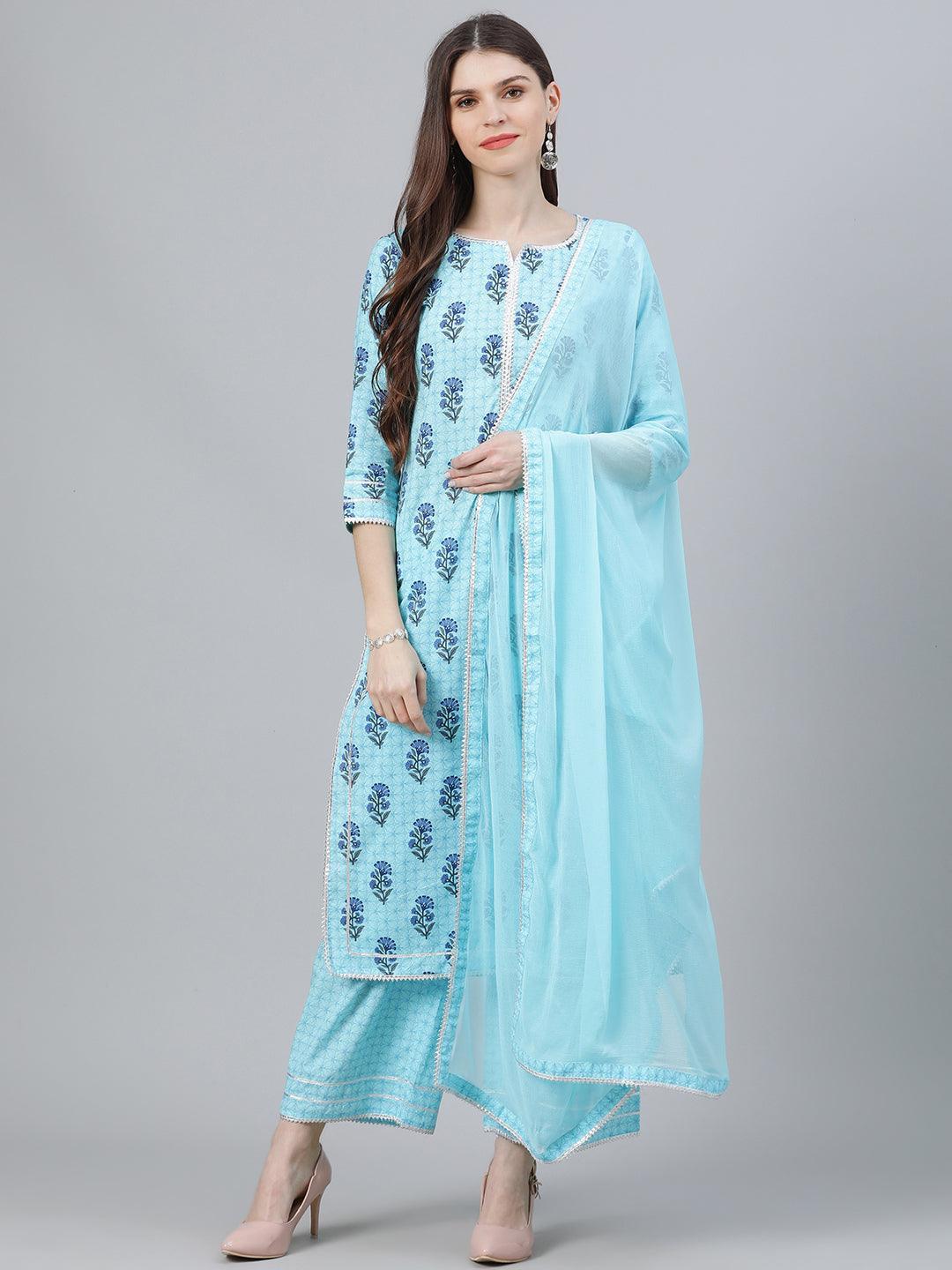 Blue Printed Cotton Suit Set