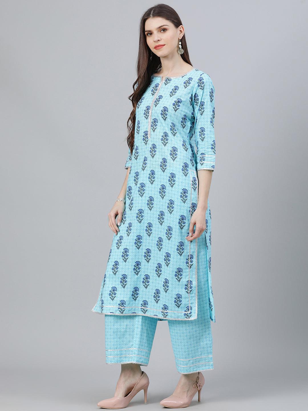 Blue Printed Cotton Suit Set