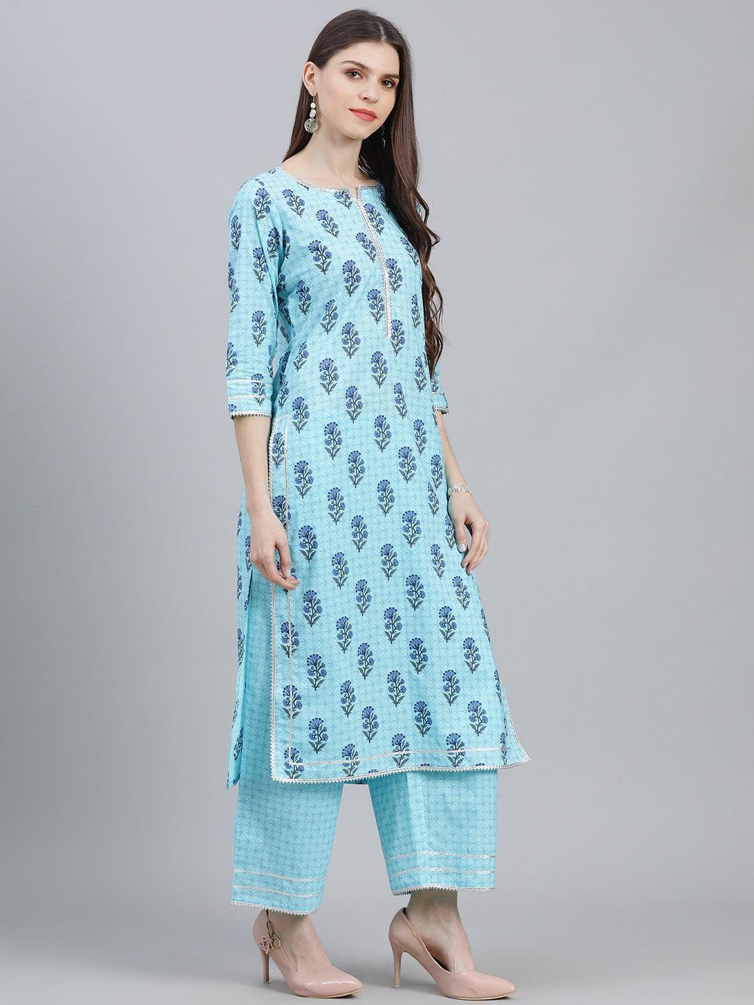 Blue Printed Cotton Suit Set