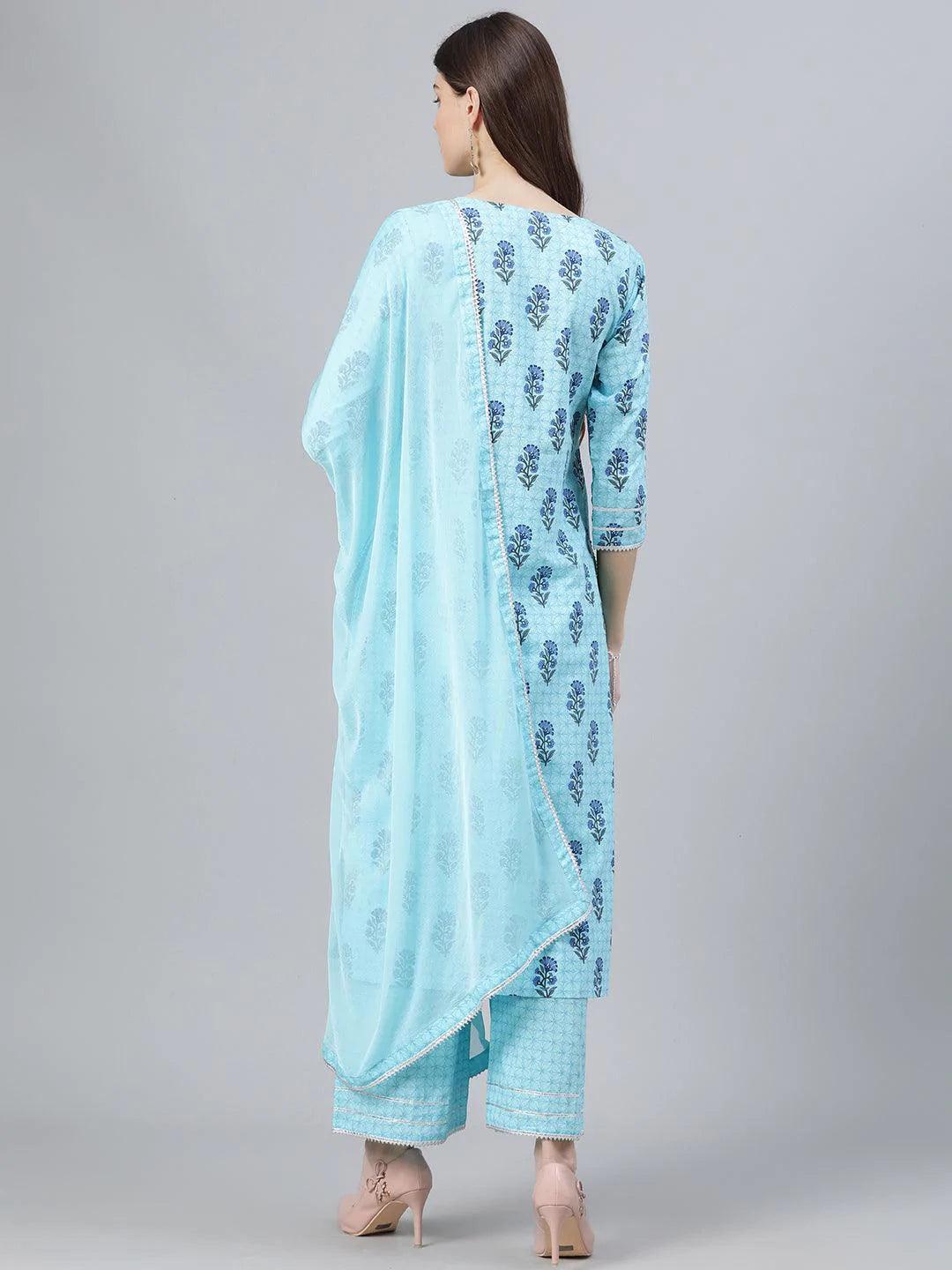 Blue Printed Cotton Suit Set