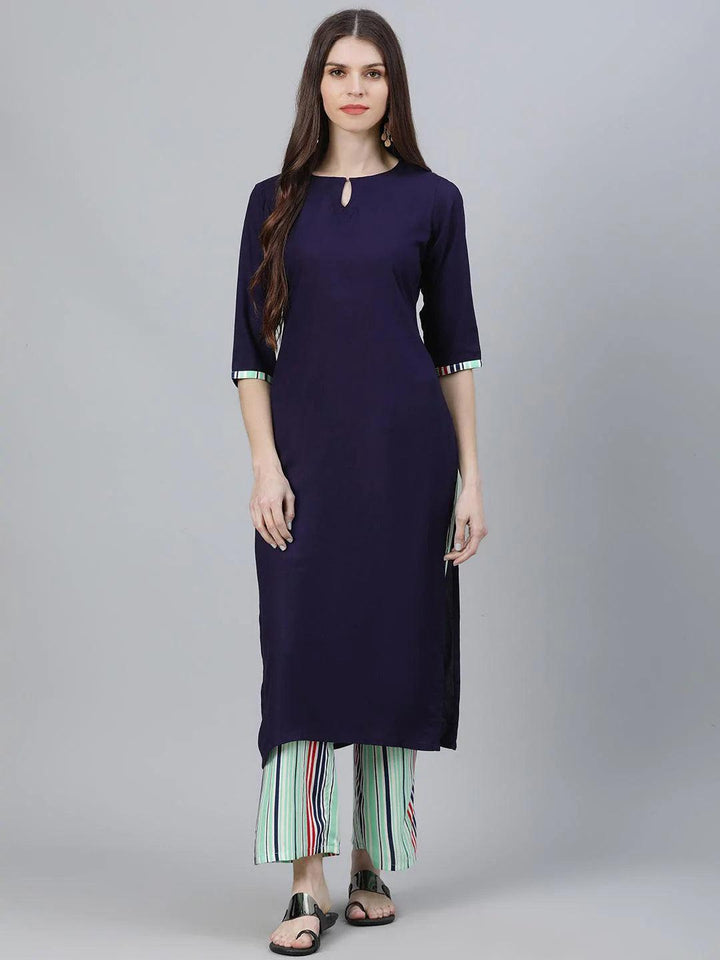 Navy Blue Solid Rayon Kurta Set - ShopLibas