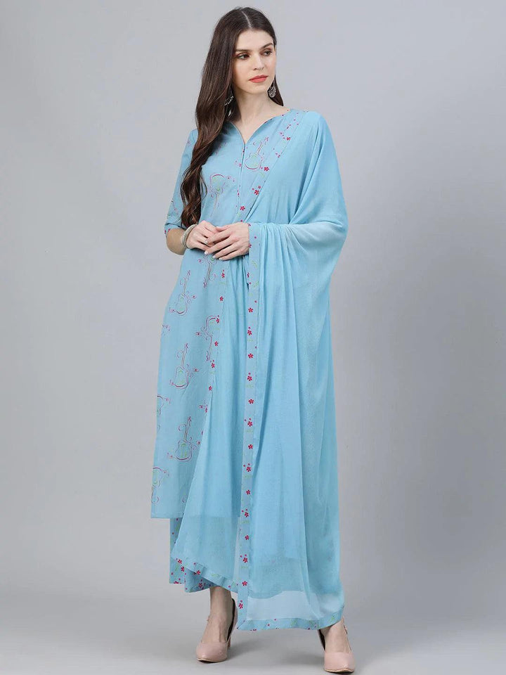 Blue Printed Cotton Suit Set - ShopLibas