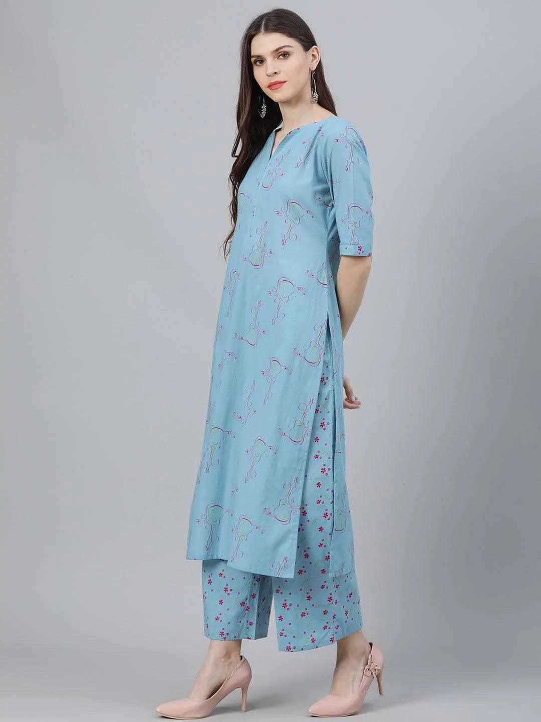 Blue Printed Rayon Suit Set