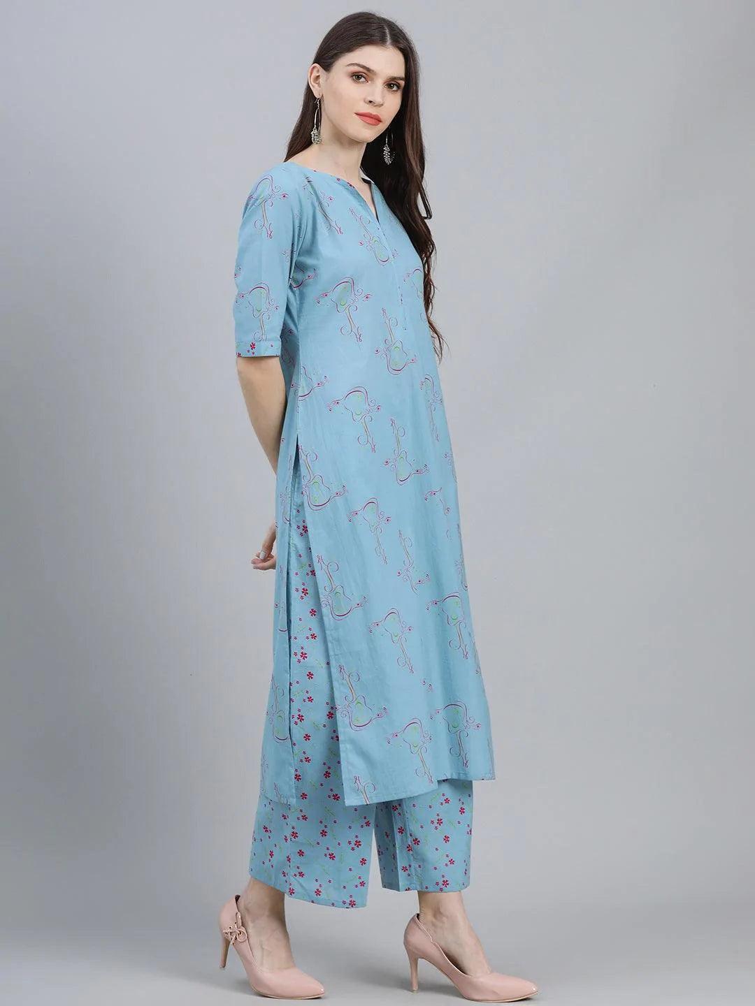 Blue Printed Rayon Suit Set