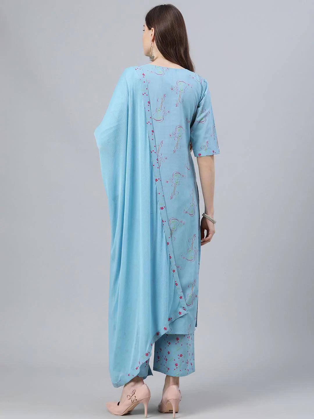 Blue Printed Rayon Suit Set