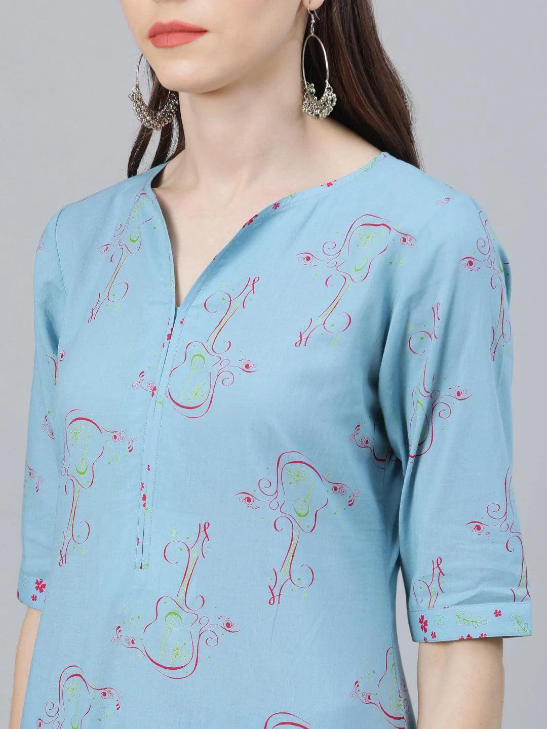 Blue Printed Rayon Suit Set