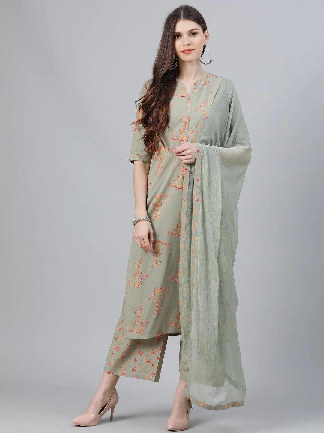 Green Printed Cotton Suit Set - ShopLibas