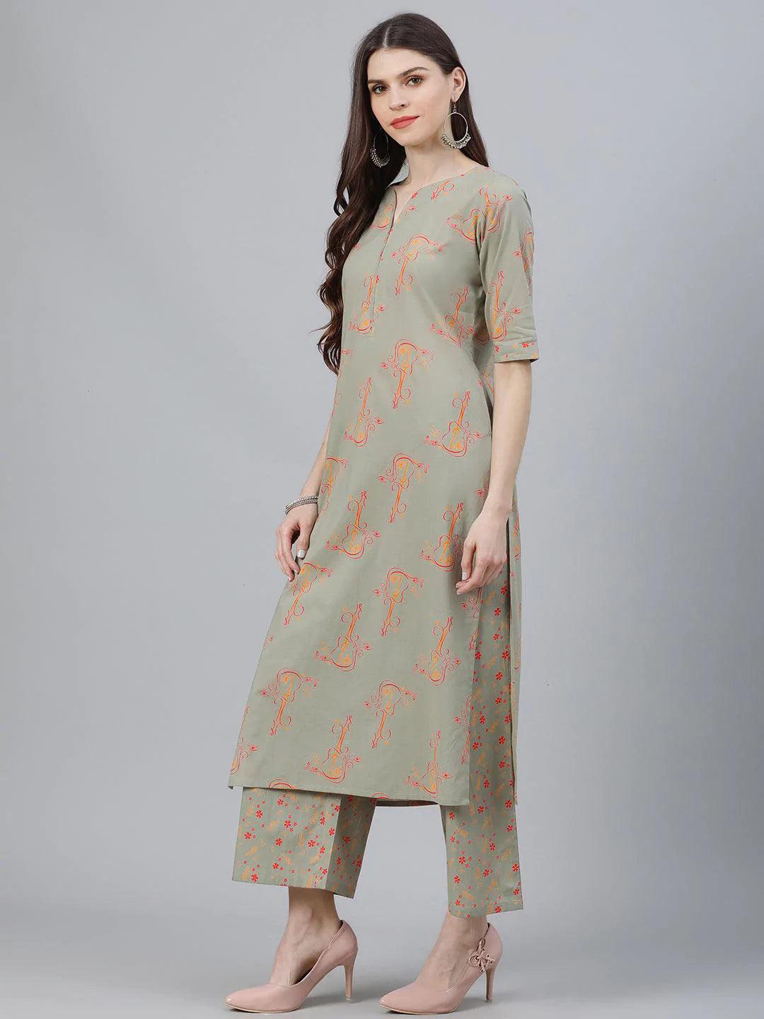 Green Printed Cotton Suit Set