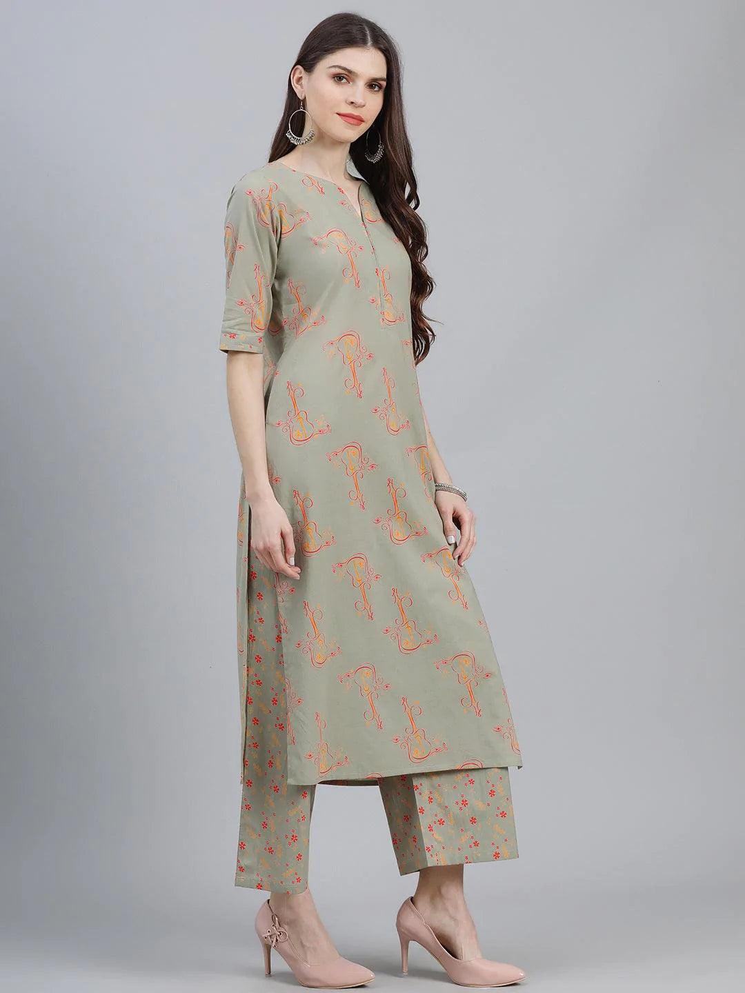 Green Printed Cotton Suit Set - ShopLibas