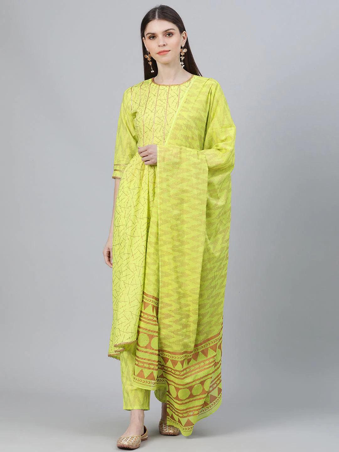 Green Printed Cotton Suit Set - ShopLibas