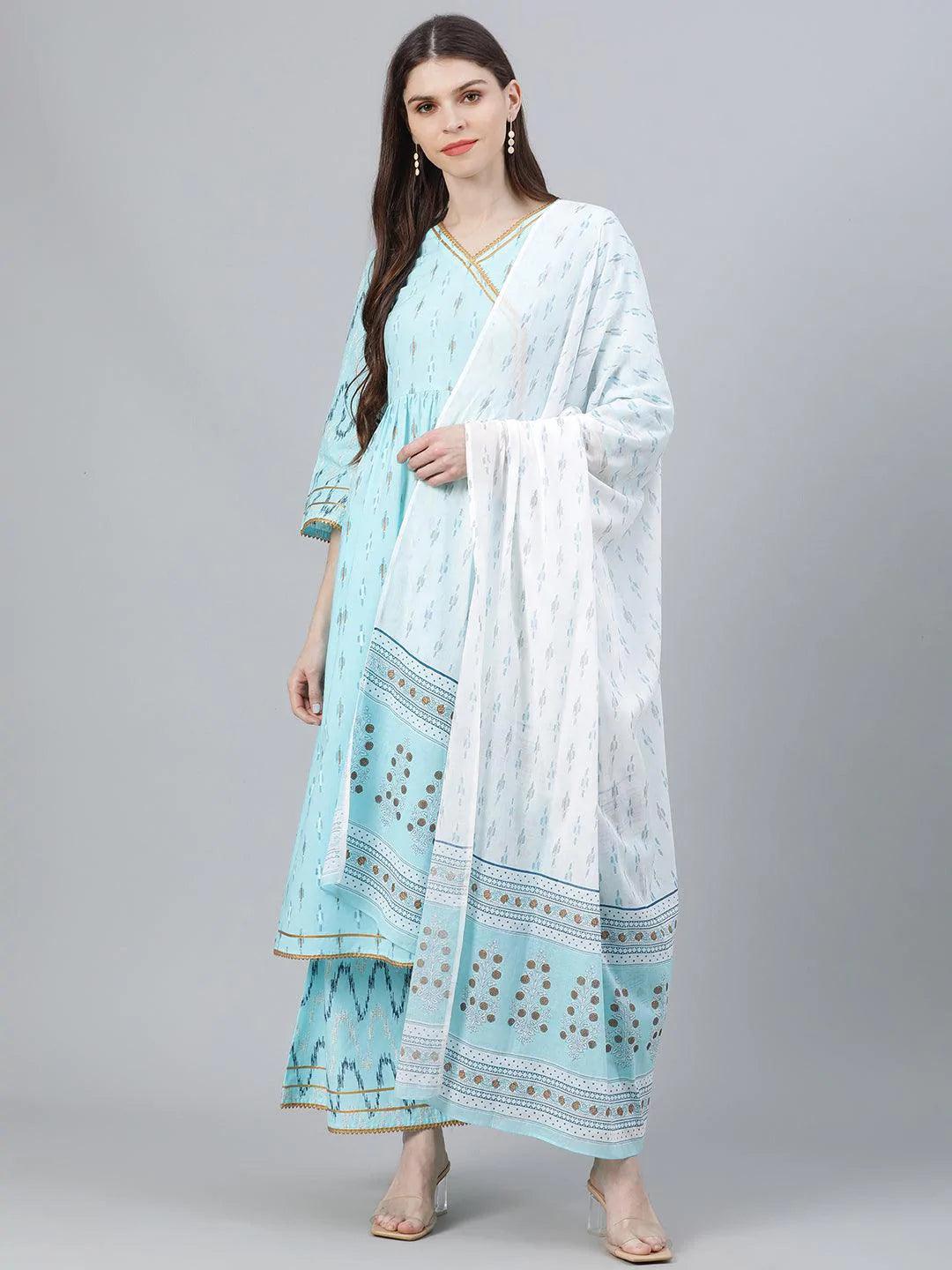 Blue Printed Cotton Suit Set