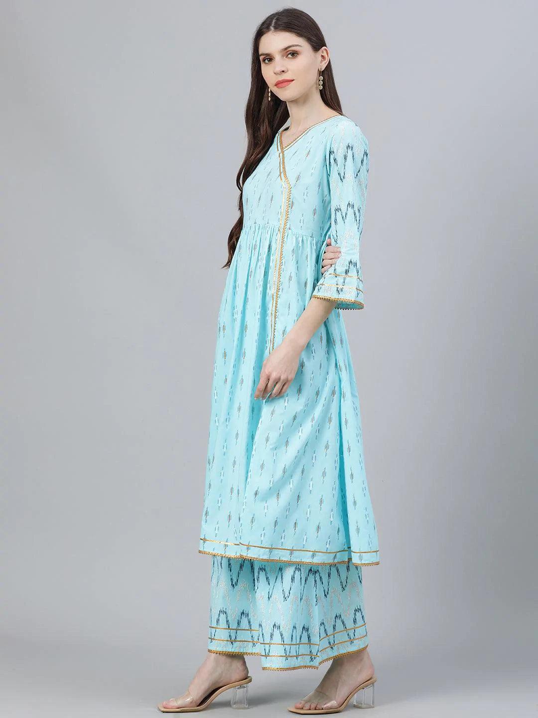 Blue Printed Cotton Suit Set