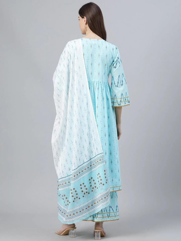 Blue Printed Cotton Suit Set - ShopLibas