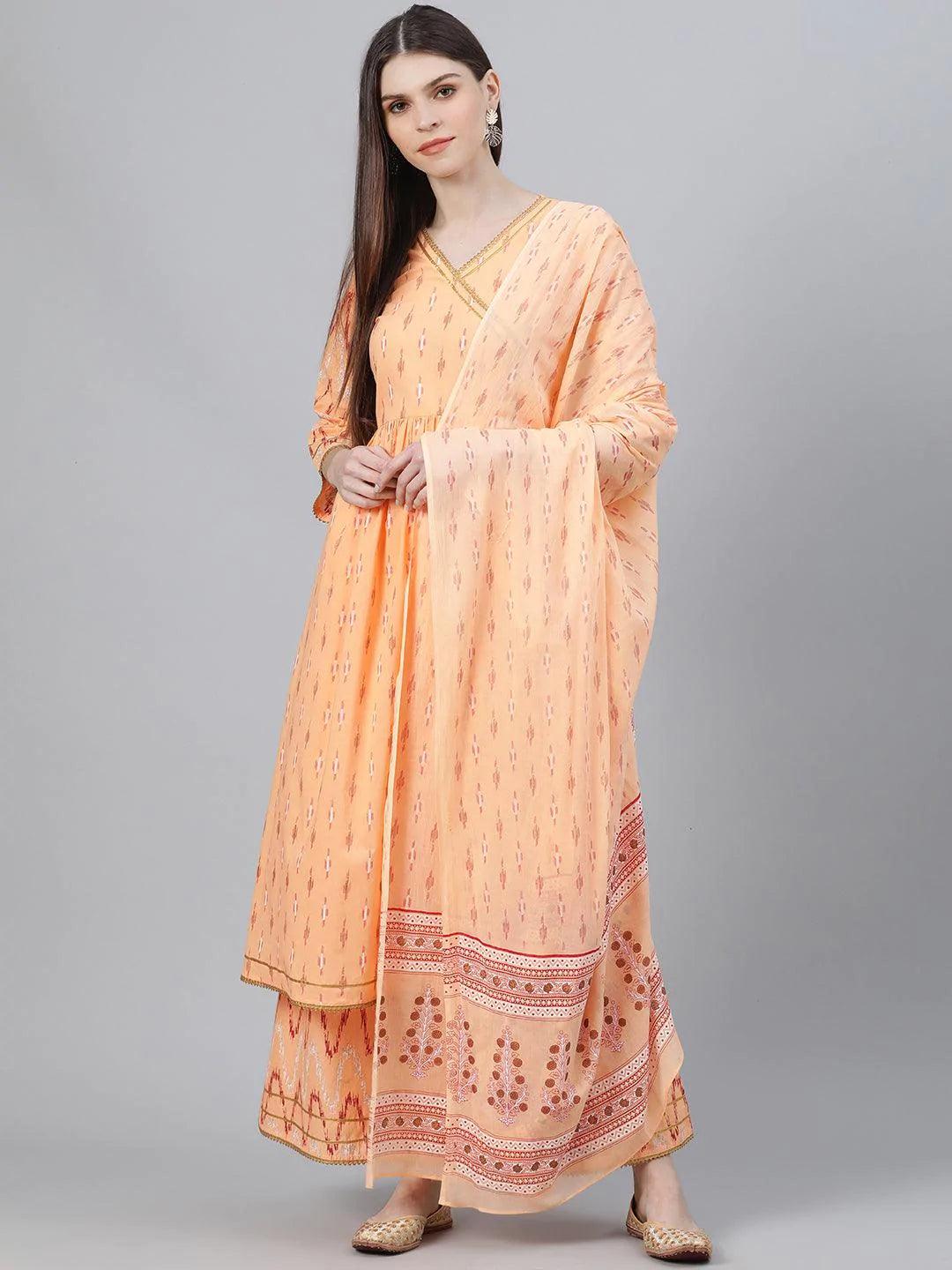 Orange Printed Cotton Suit Set