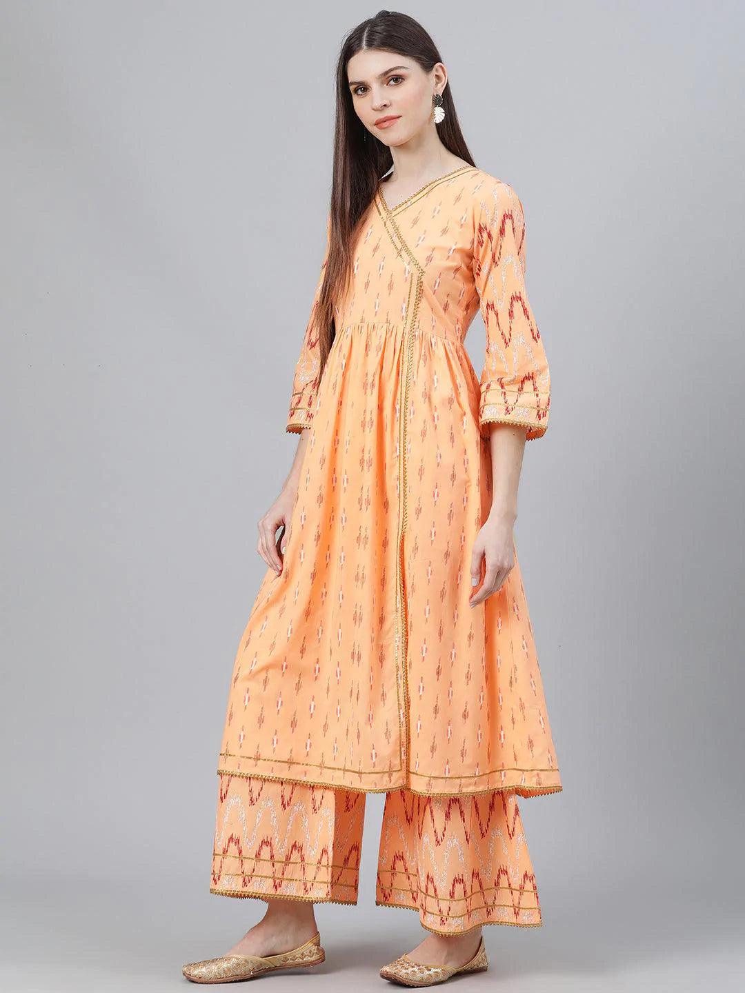 Orange Printed Cotton Suit Set