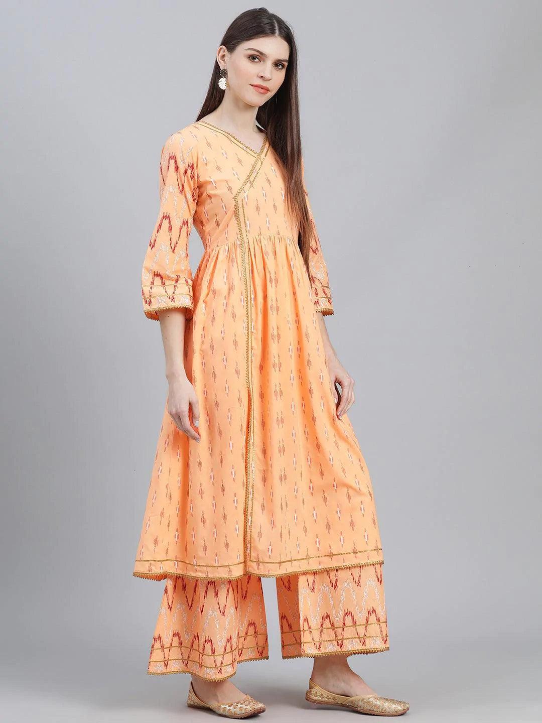 Orange Printed Cotton Suit Set