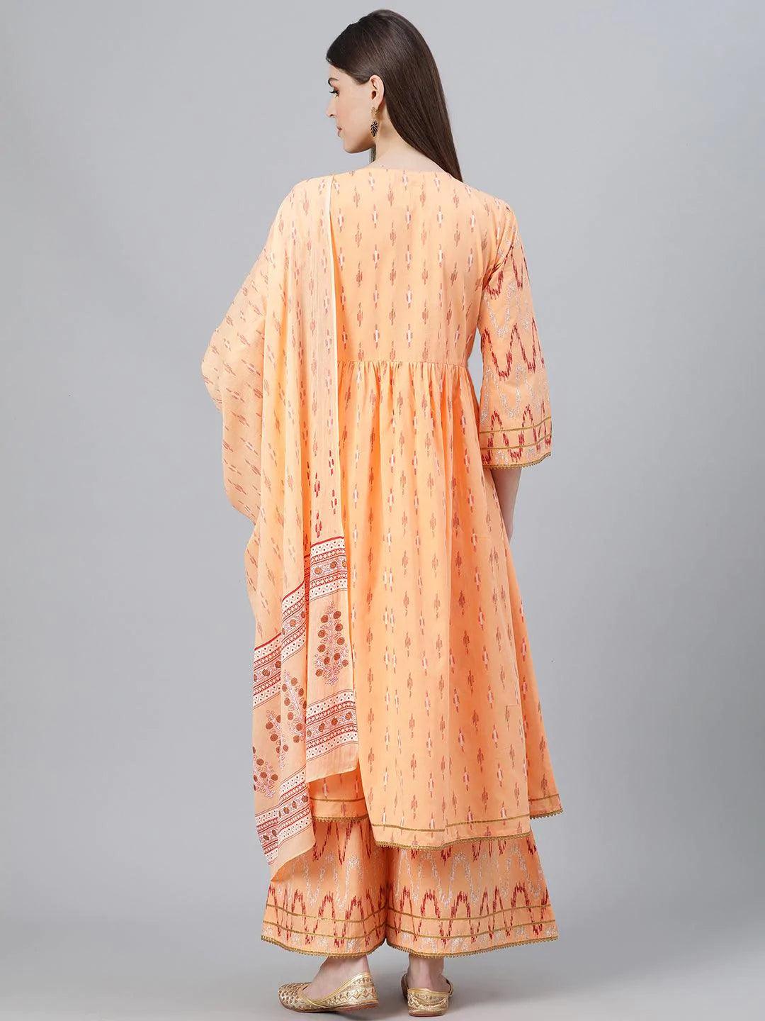 Orange Printed Cotton Suit Set