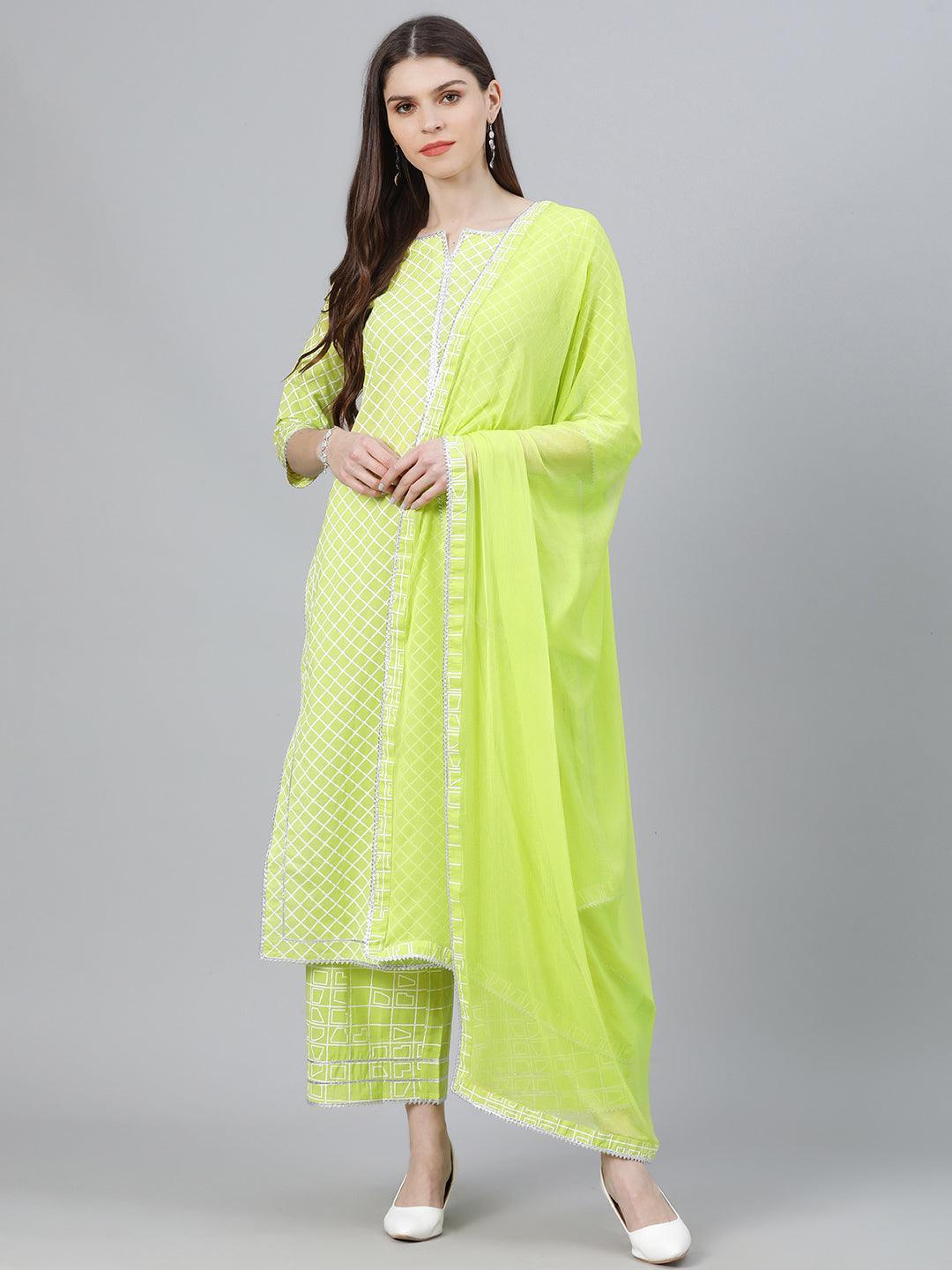 Green Printed Cotton Straight Kurta With Palazzos & Dupatta